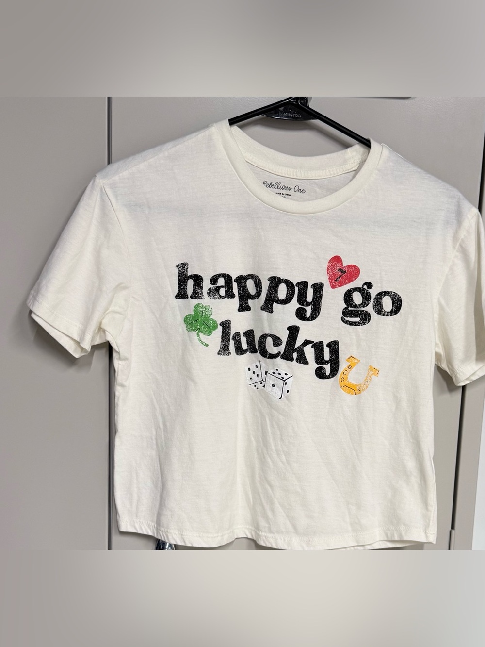 Rebellious One White "Happy Go Lucky" Graphic Tee with Colorful Icons